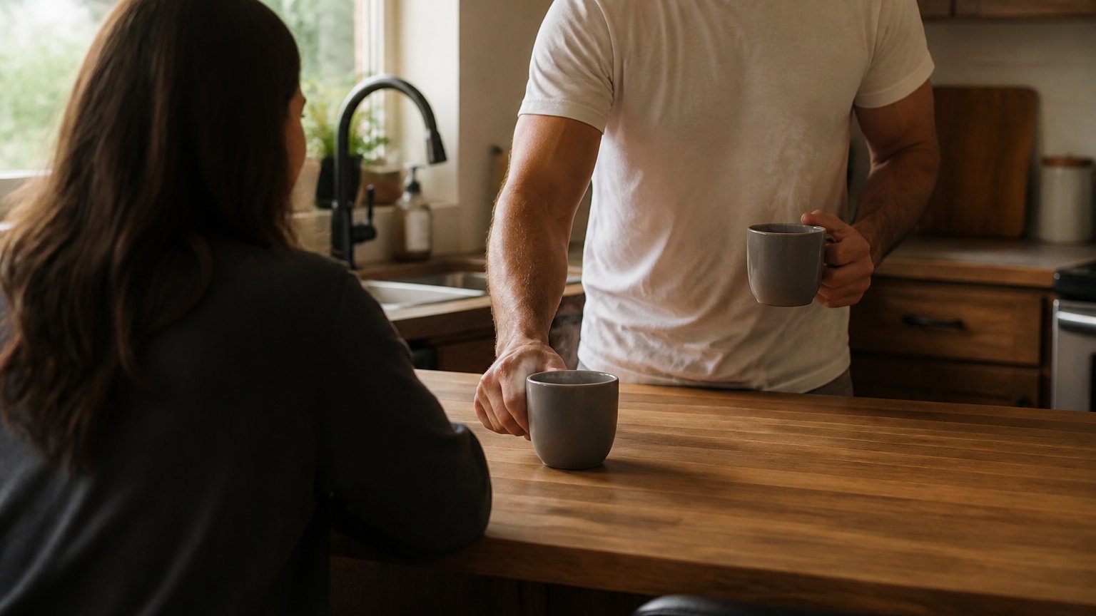 A person quietly making a second cup of coffee for a reserved partner in a home kitchen, a small everyday gesture of care