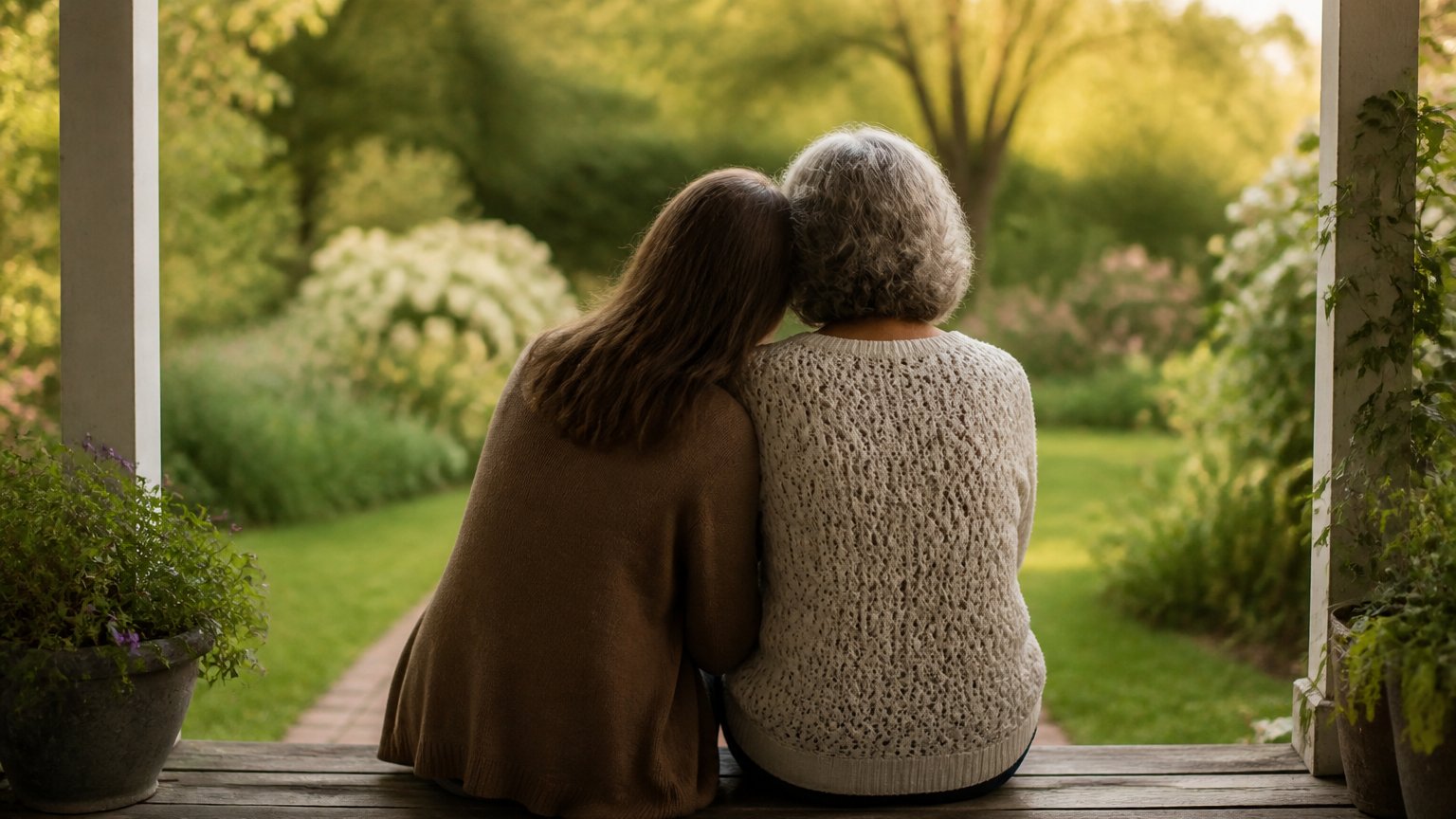 Two people sitting side by side on outdoor steps, one reserved but present, quietly comfortable together