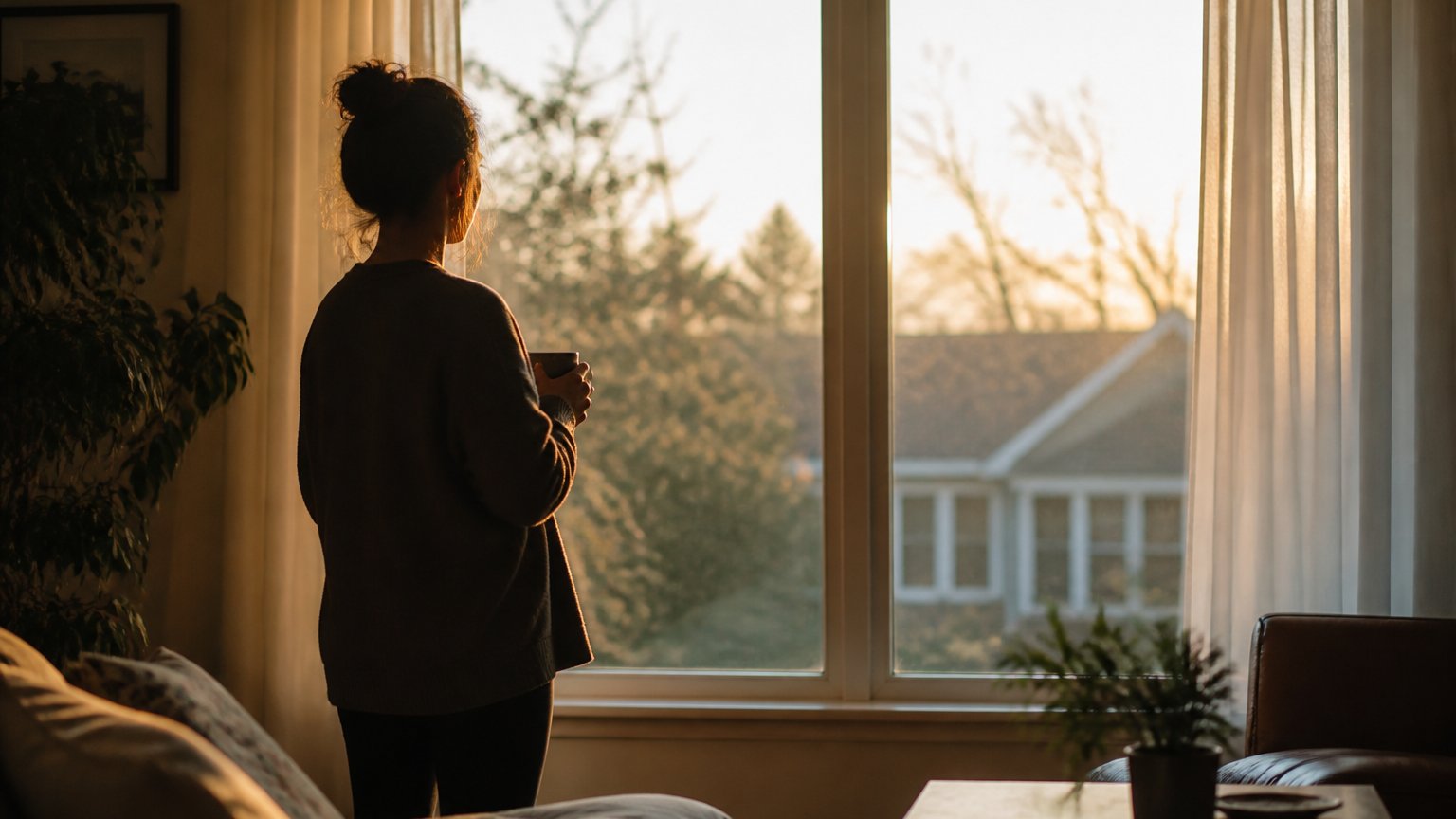 A person waiting patiently by a window while their partner has time alone, evoking steadiness and understanding rather than pressure
