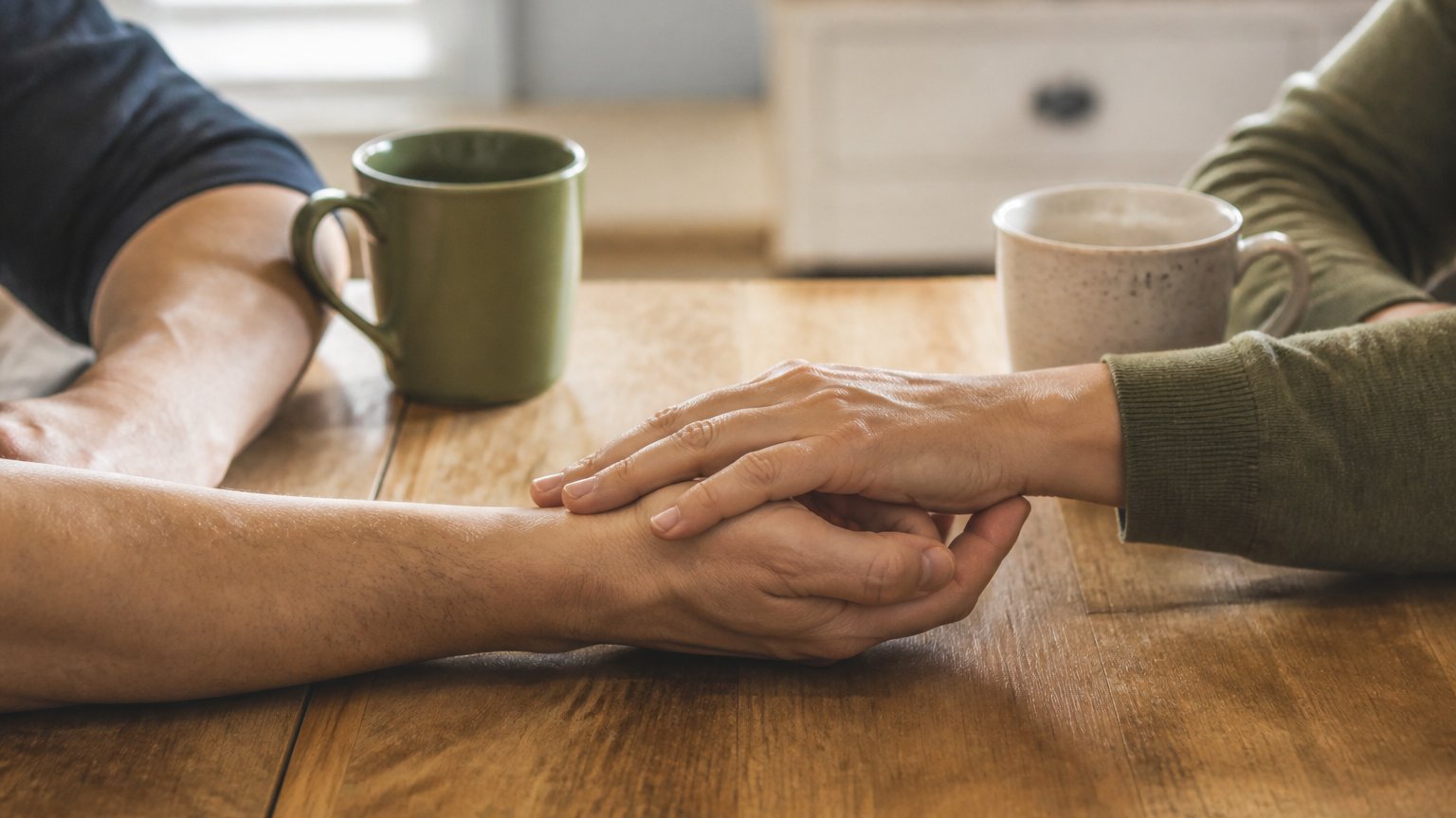 One partner gently offering a reassuring hand across a table, showing low-pressure warmth and connection on the avoidant partner's terms