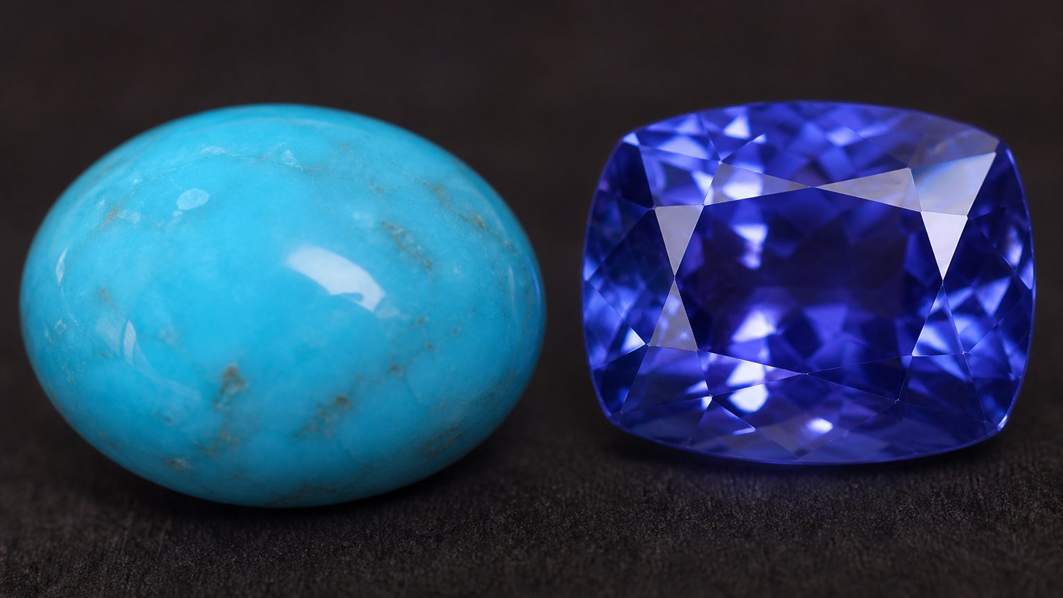 Close-up of blue turquoise and tanzanite, the December birthstones, showing their cool blue tones