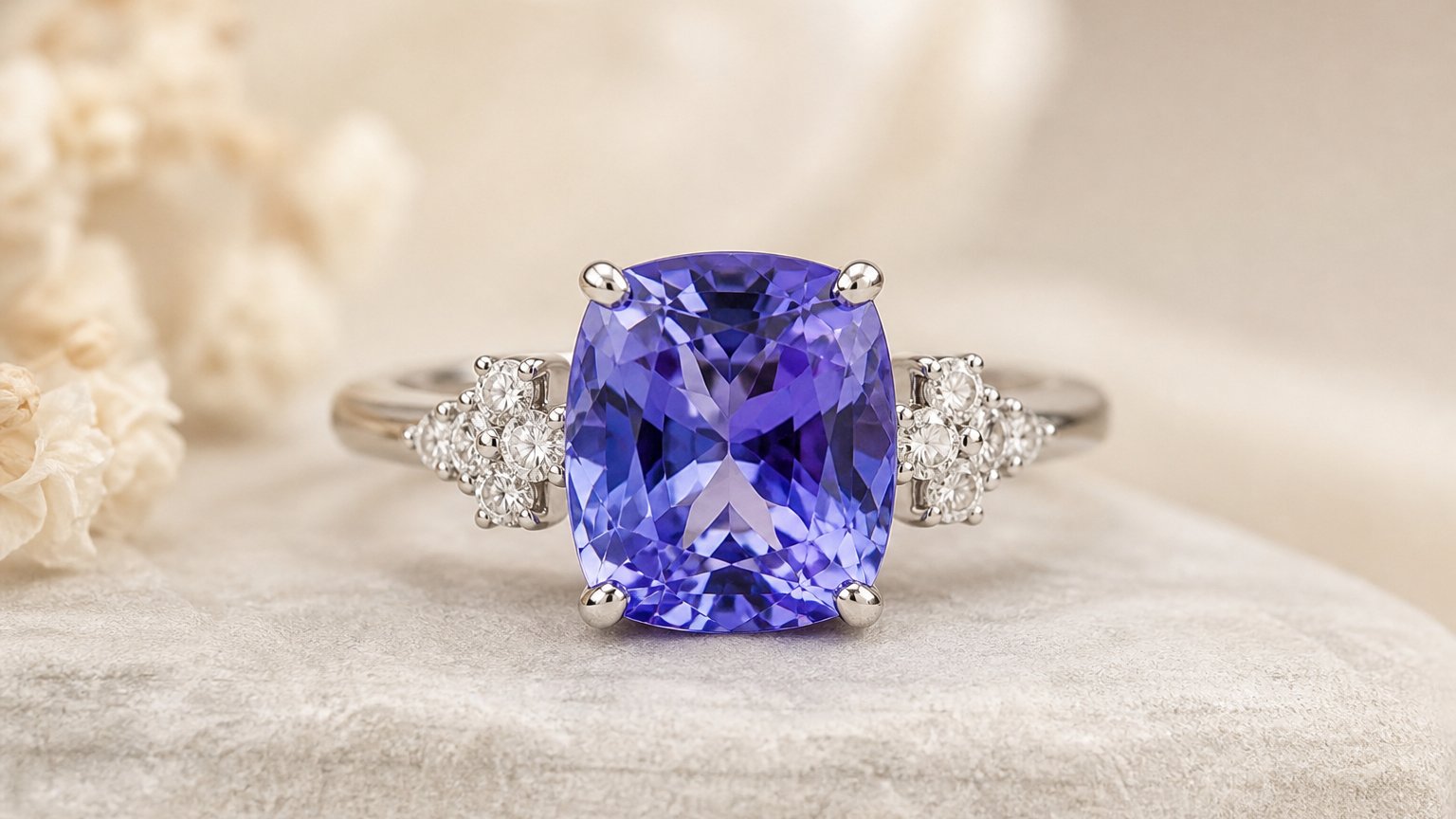 A blue tanzanite set in a ring, a December birthstone worn as jewelry