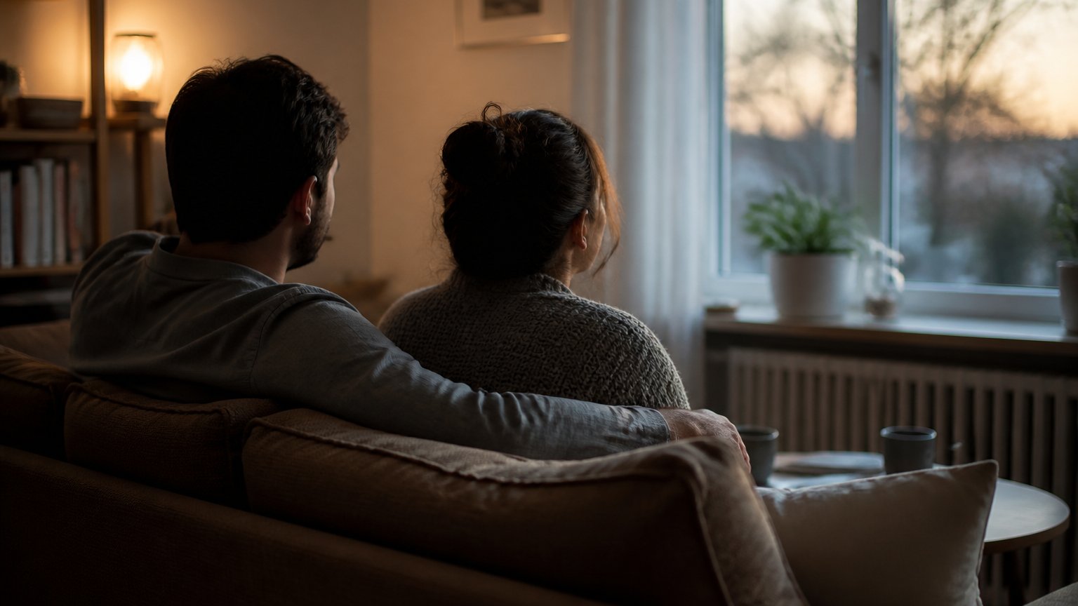 A couple on a sofa where one person leans in while the other keeps a little space, showing subtle emotional distance