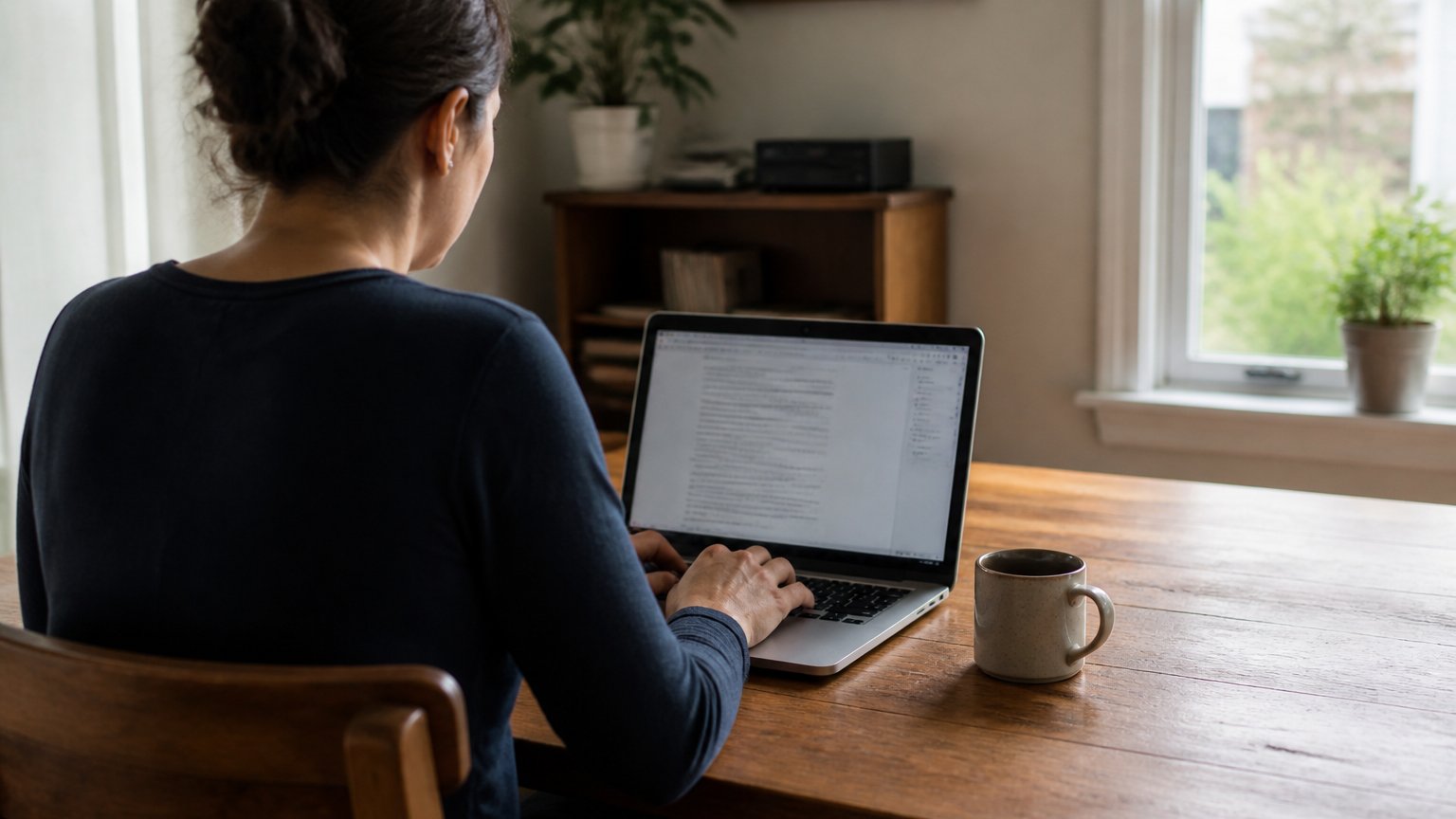 A person working alone and content at a desk in a calm, tidy room, evoking self-reliant independence
