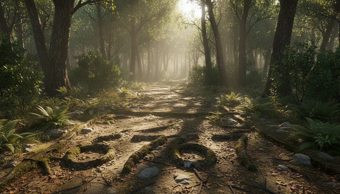 A winding forest trail with sunlight streaming through trees, symbolizing balance between material and spiritual journeys.