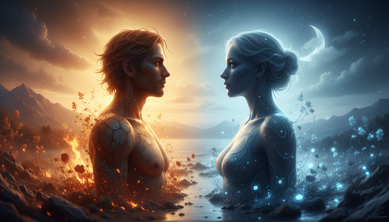 Two human silhouettes, one lit by sunlight and the other by moonlight, symbolizing balance between zodiac elements.