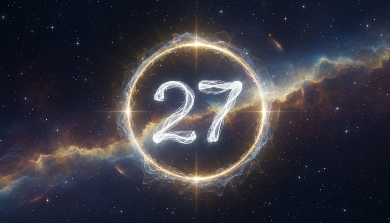 A luminous representation of the angel number 27 surrounded by a radiant halo, set against a cosmic background with stars.