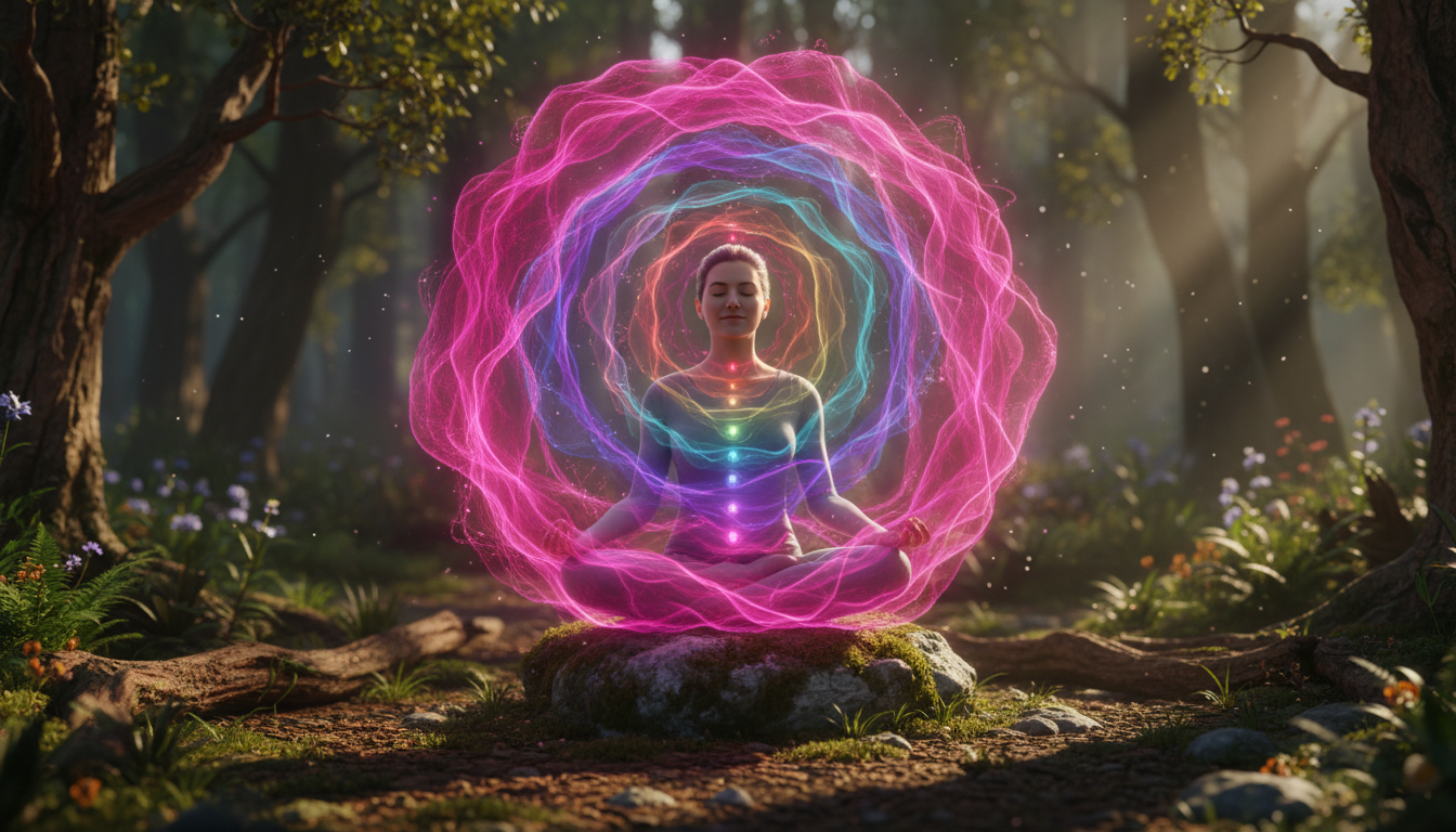 A human figure meditating with vibrant magenta aura and energy flowing naturally through the 7 chakra points.