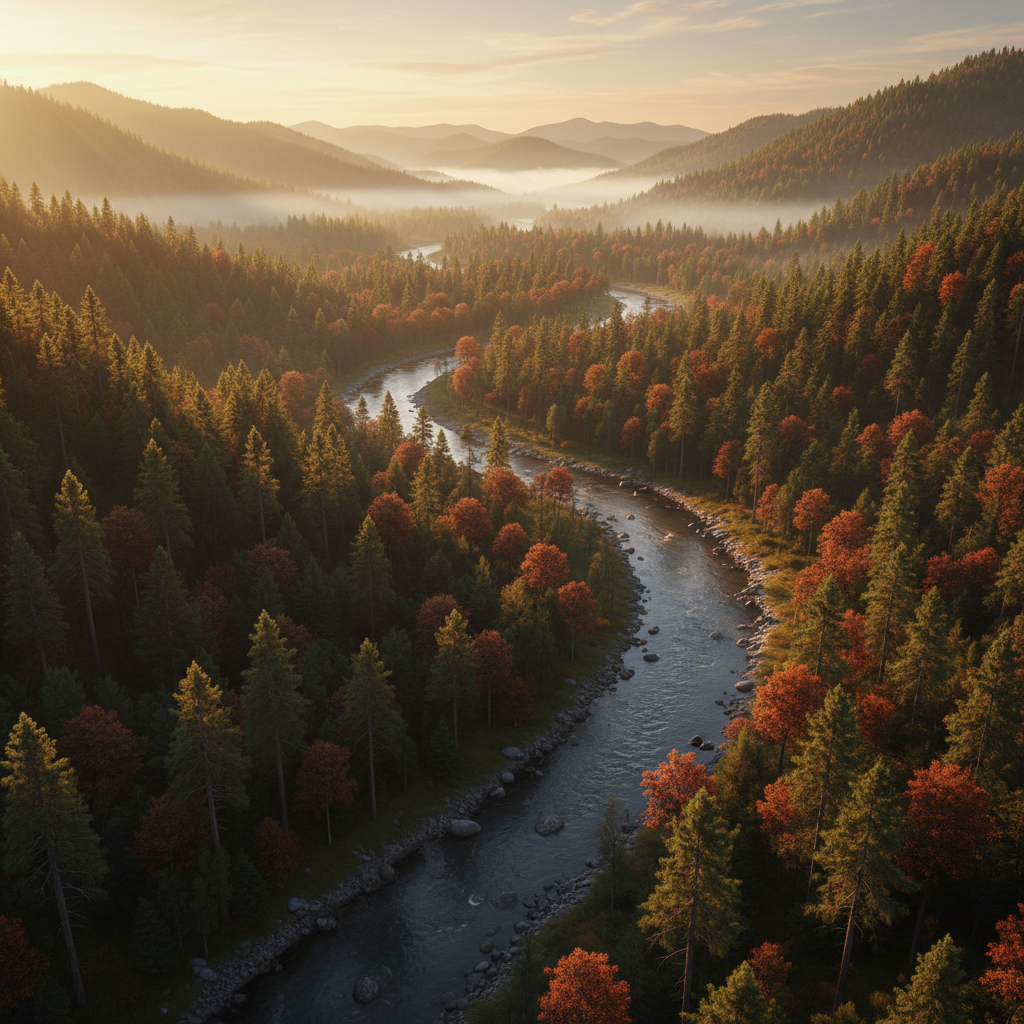 A cinematic view of a forest with a winding river during golden hour, symbolizing clarity, perspective, and higher understanding