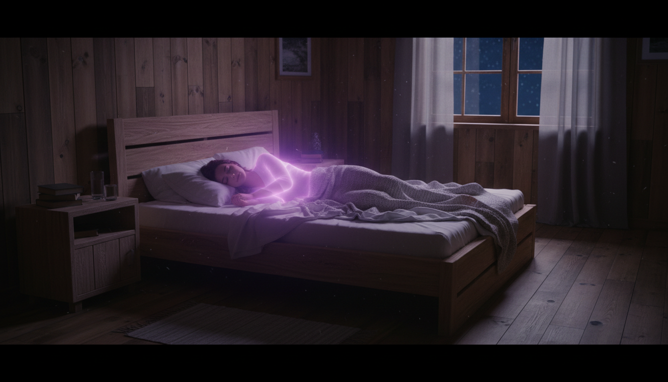 A tranquil nighttime scene of a person sleeping peacefully with a glowing purple aura, symbolizing spiritual energy and connection.