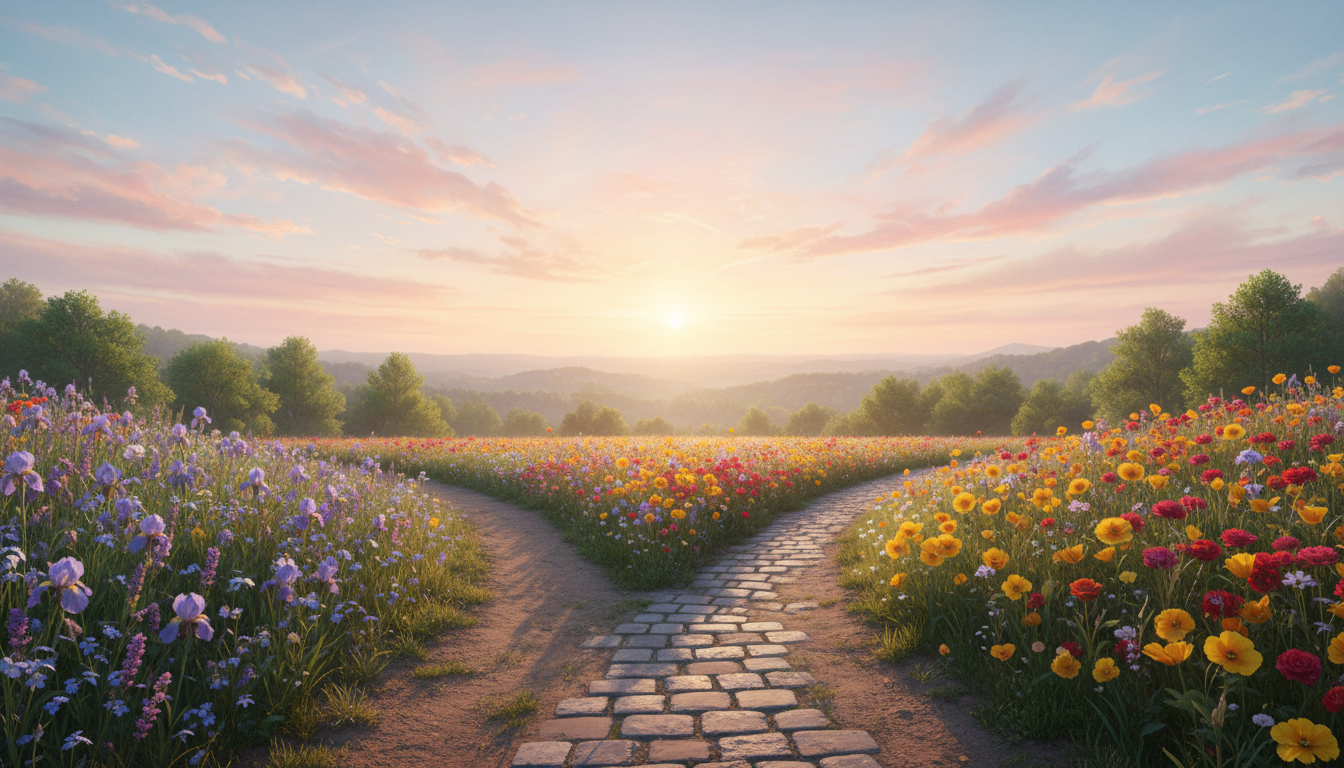 A serene landscape with merging paths symbolizes unity in diversity and harmony, reflecting life path number 2's journey.