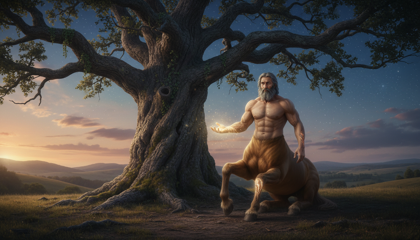 Chiron the wise centaur beneath an ancient tree, healing his arm with glowing light under a twilight sky