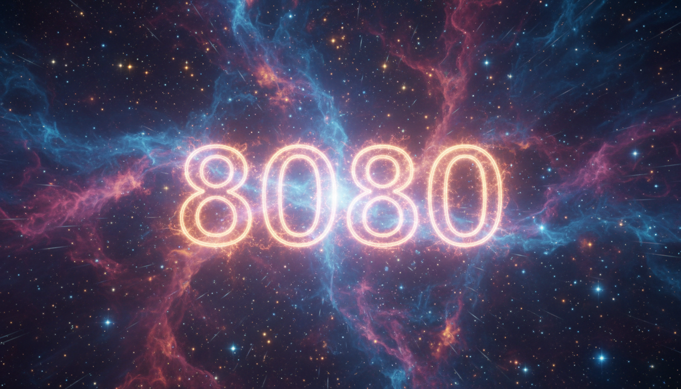 Glowing numbers '8080' surrounded by vibrant cosmic energy fields with nebula clouds and stars, symbolizing abundance and spiritual vitality.