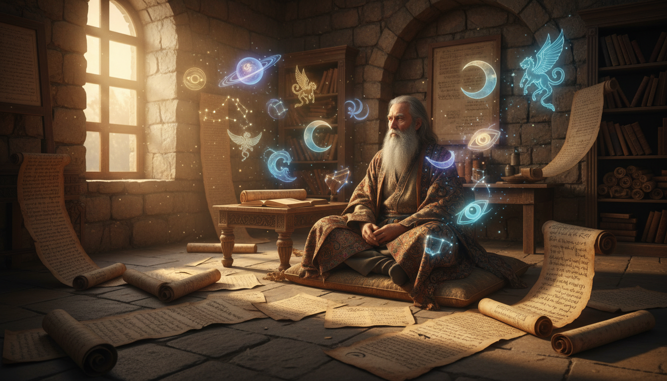 An ancient scholar surrounded by scrolls and dream symbols, bathed in warm natural light through a window