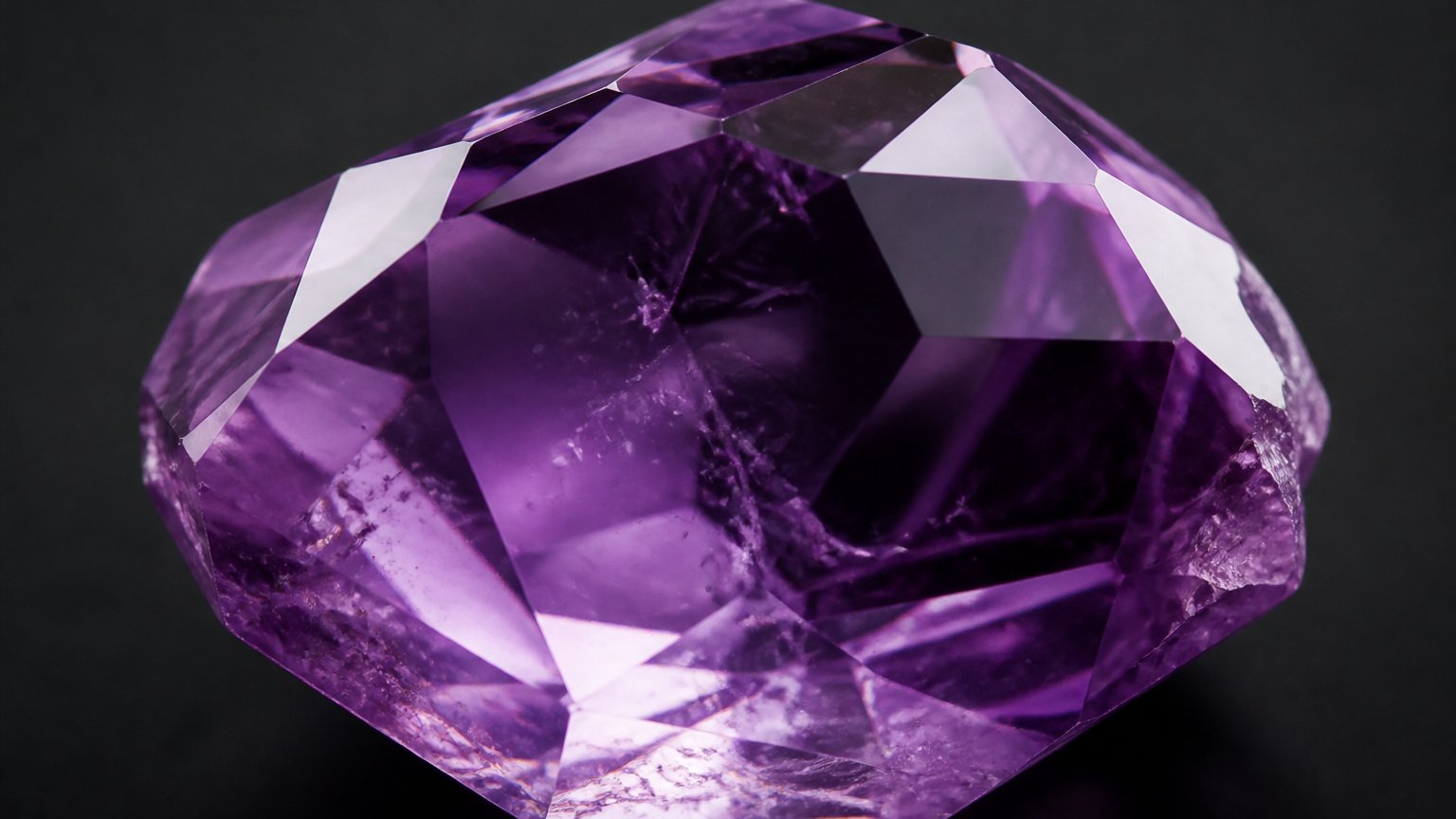 Close-up of a faceted purple amethyst, the February birthstone, showing its violet color