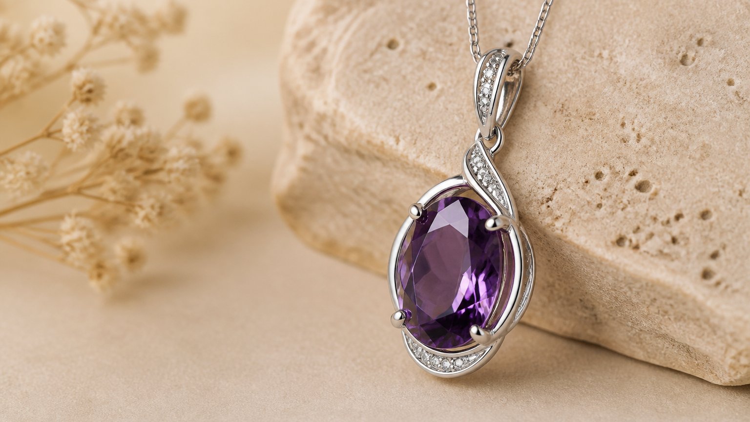 A purple amethyst pendant, the February birthstone worn as jewelry