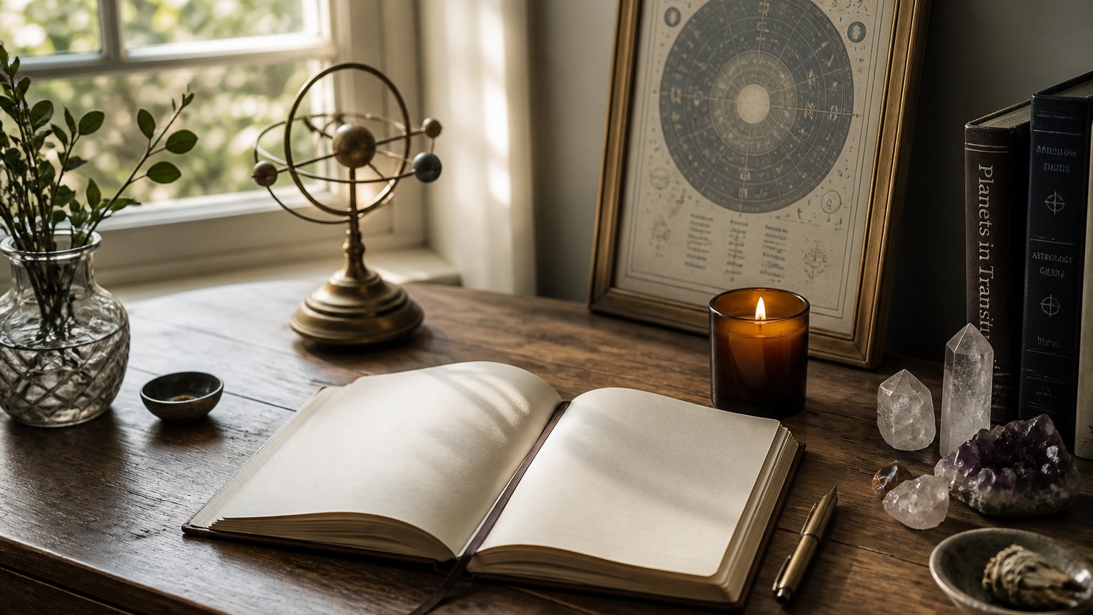 A serene astrology desk with a small planet model, an open journal, and a lit candle
