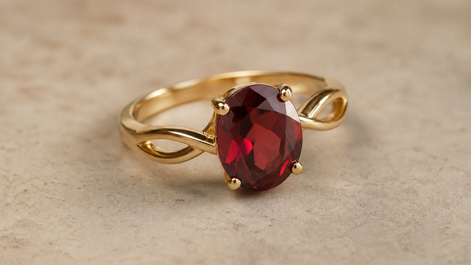 A red garnet set in an elegant ring, the January birthstone worn as jewelry