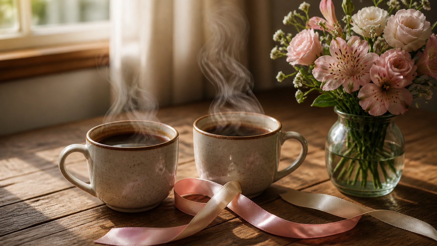 Two coffee cups and intertwined ribbons on a wooden table symbolizing connection