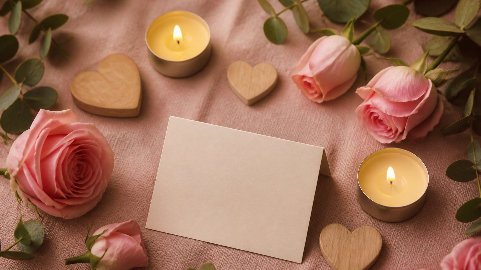 Warm flat-lay with heart motifs, candles, and flowers evoking love and reflection