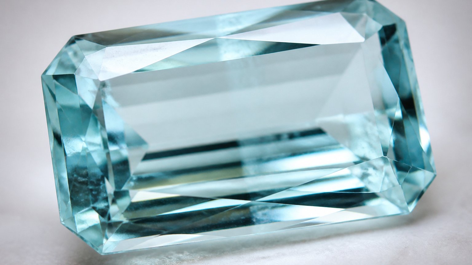 Close-up of a faceted aquamarine, the March birthstone, showing its pale blue color