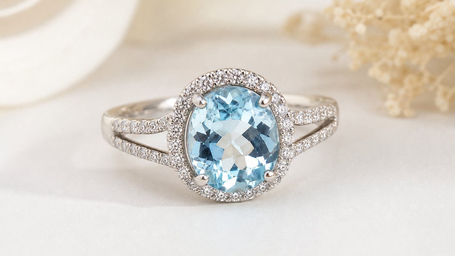 An aquamarine set in a ring, the March birthstone worn as jewelry