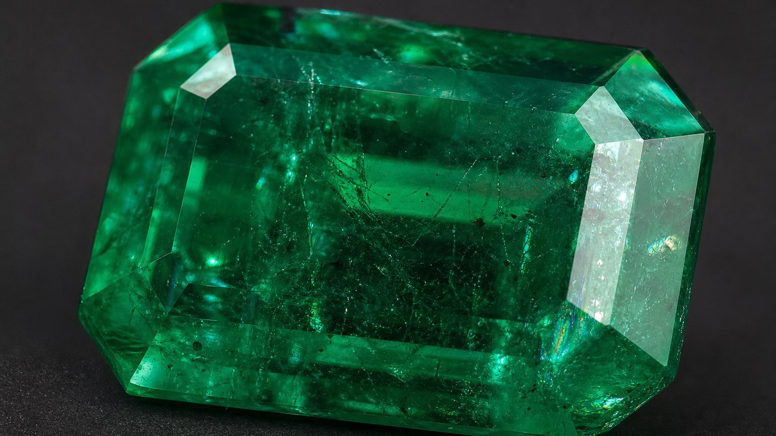 Close-up of a faceted green emerald, the May birthstone, showing its vivid green color