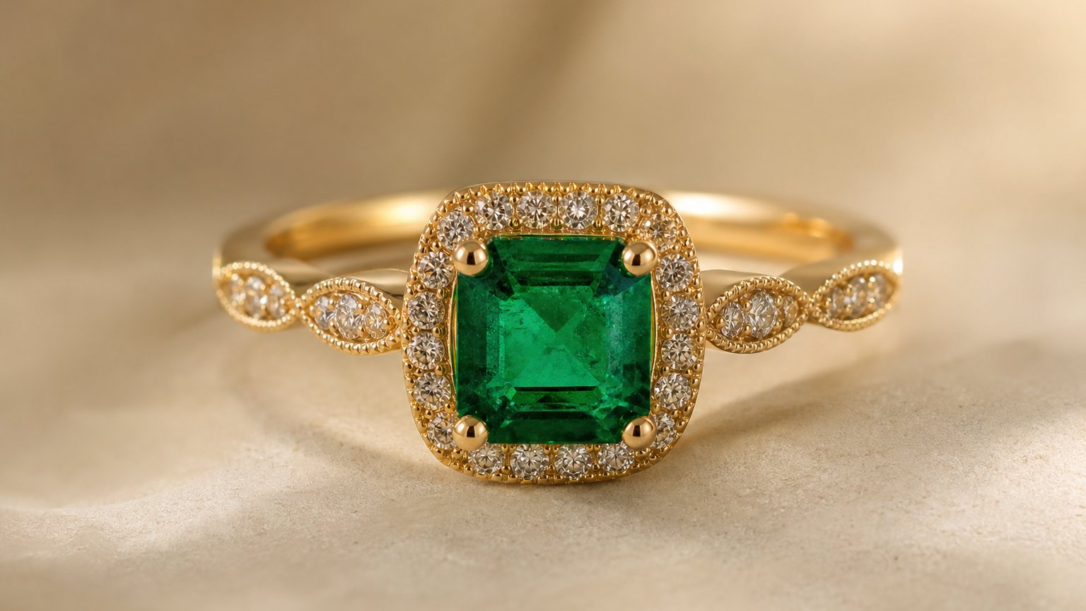A green emerald set in a ring, the May birthstone worn as jewelry