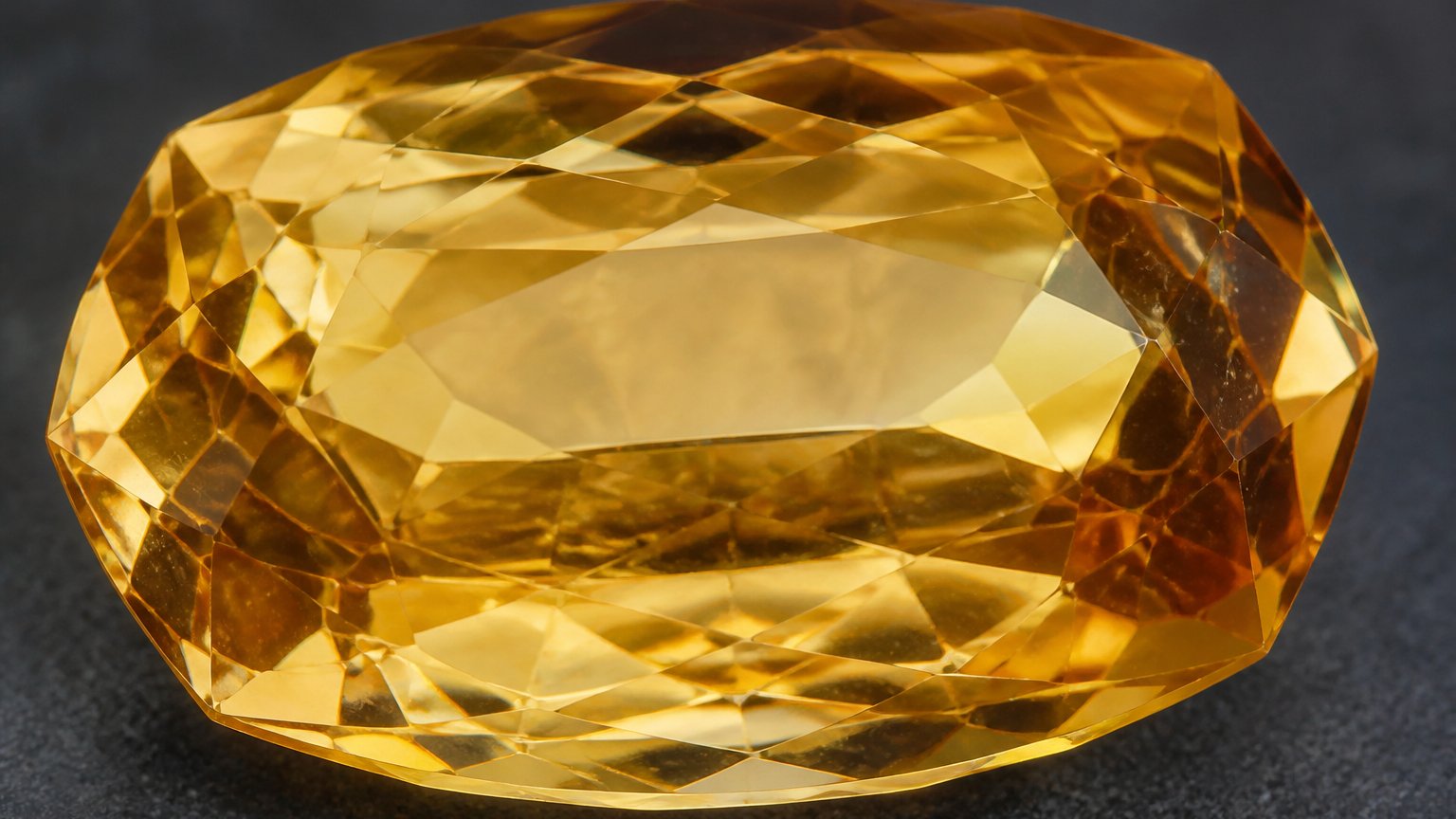 Close-up of a faceted golden citrine, the November birthstone, showing its warm yellow color