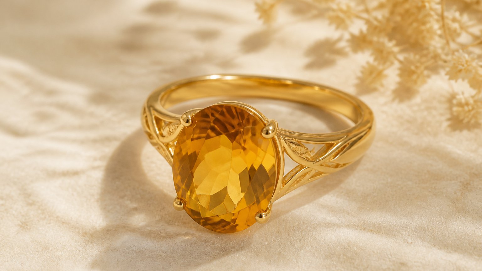 A golden citrine set in a ring, the November birthstone worn as jewelry
