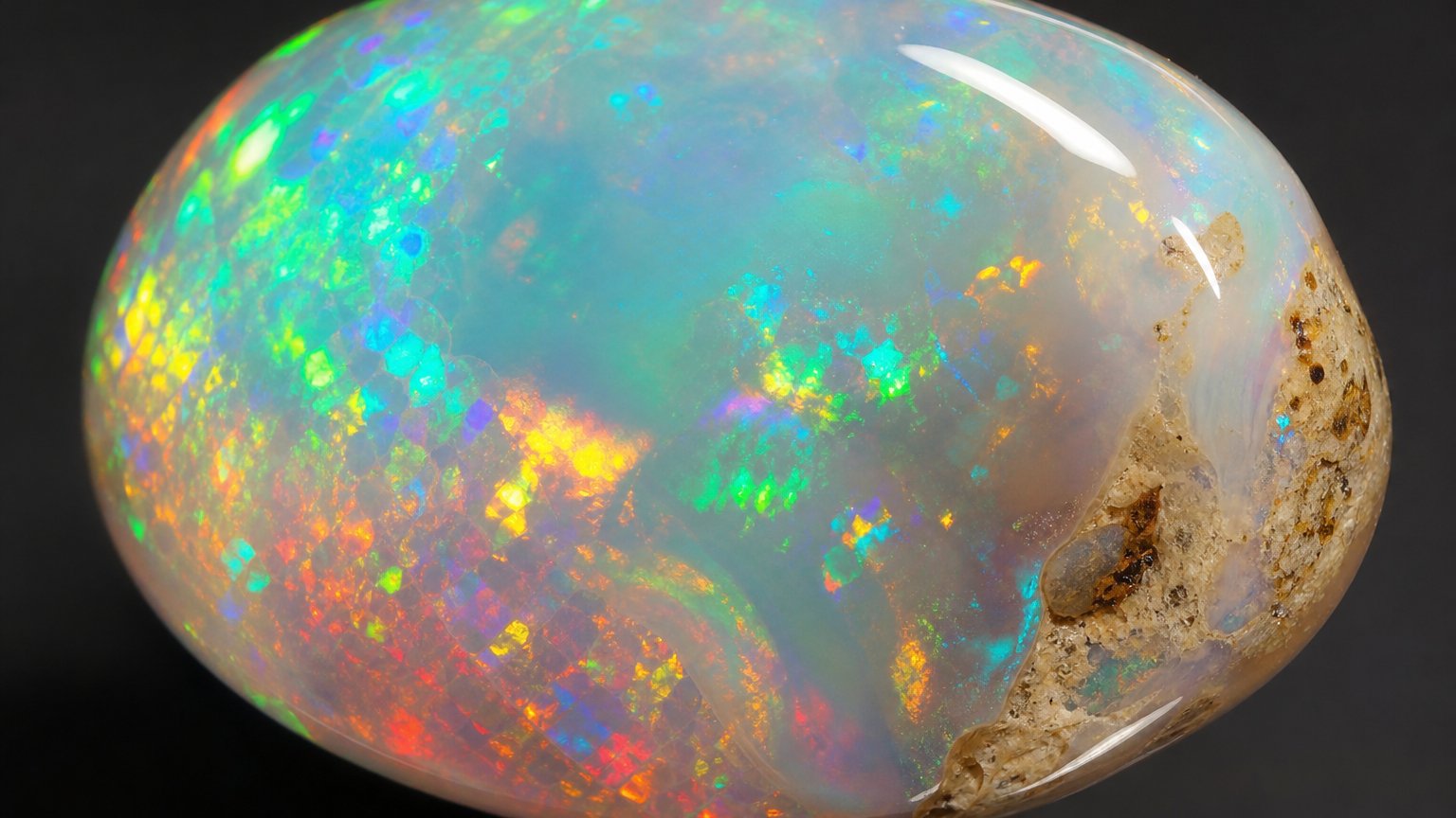 Close-up of an opal, the October birthstone, showing its rainbow play-of-color