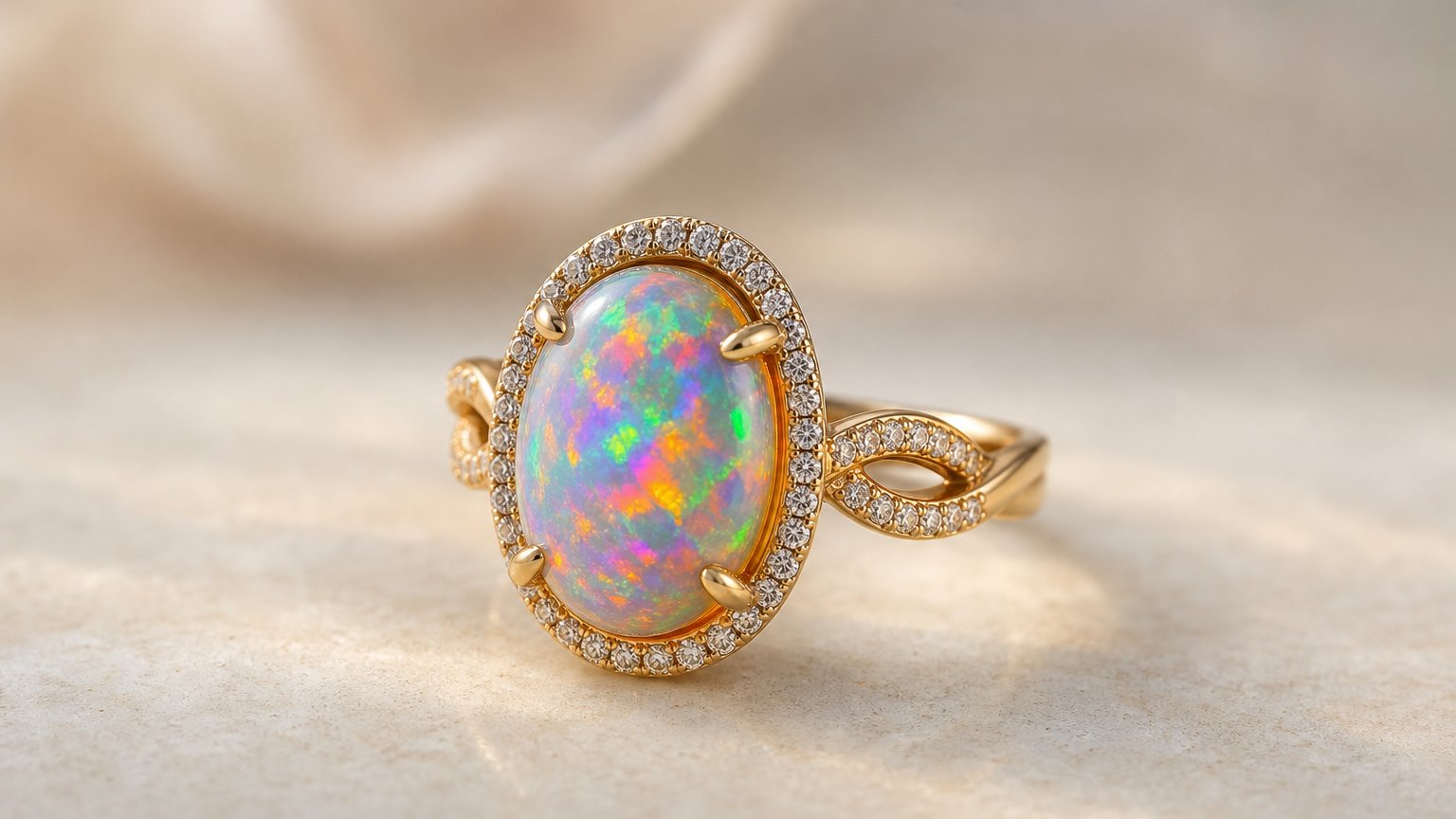 An opal set in a ring, the October birthstone worn as jewelry
