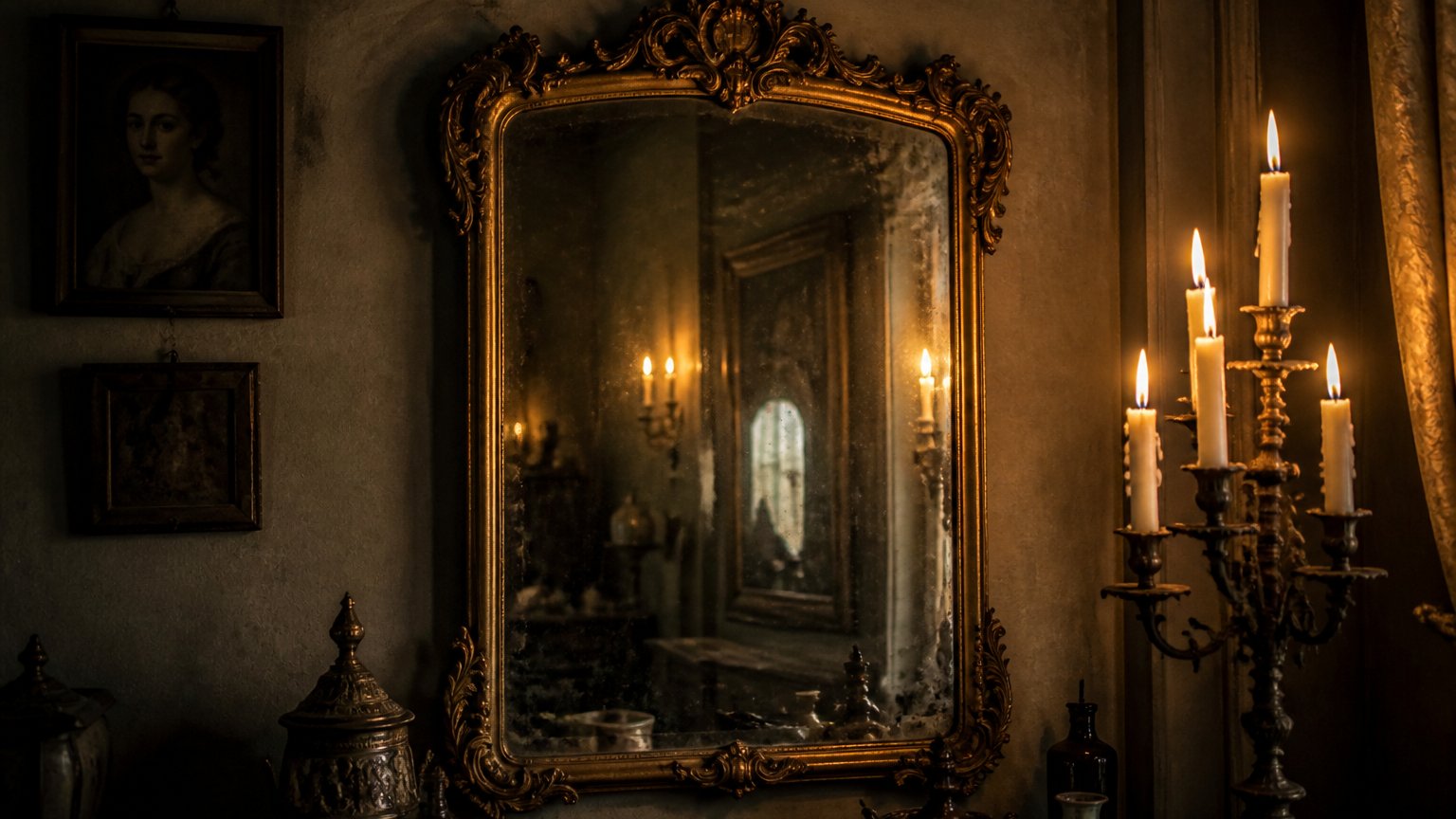 An old ornate mirror reflecting soft golden light, symbolizing looking back into a past life