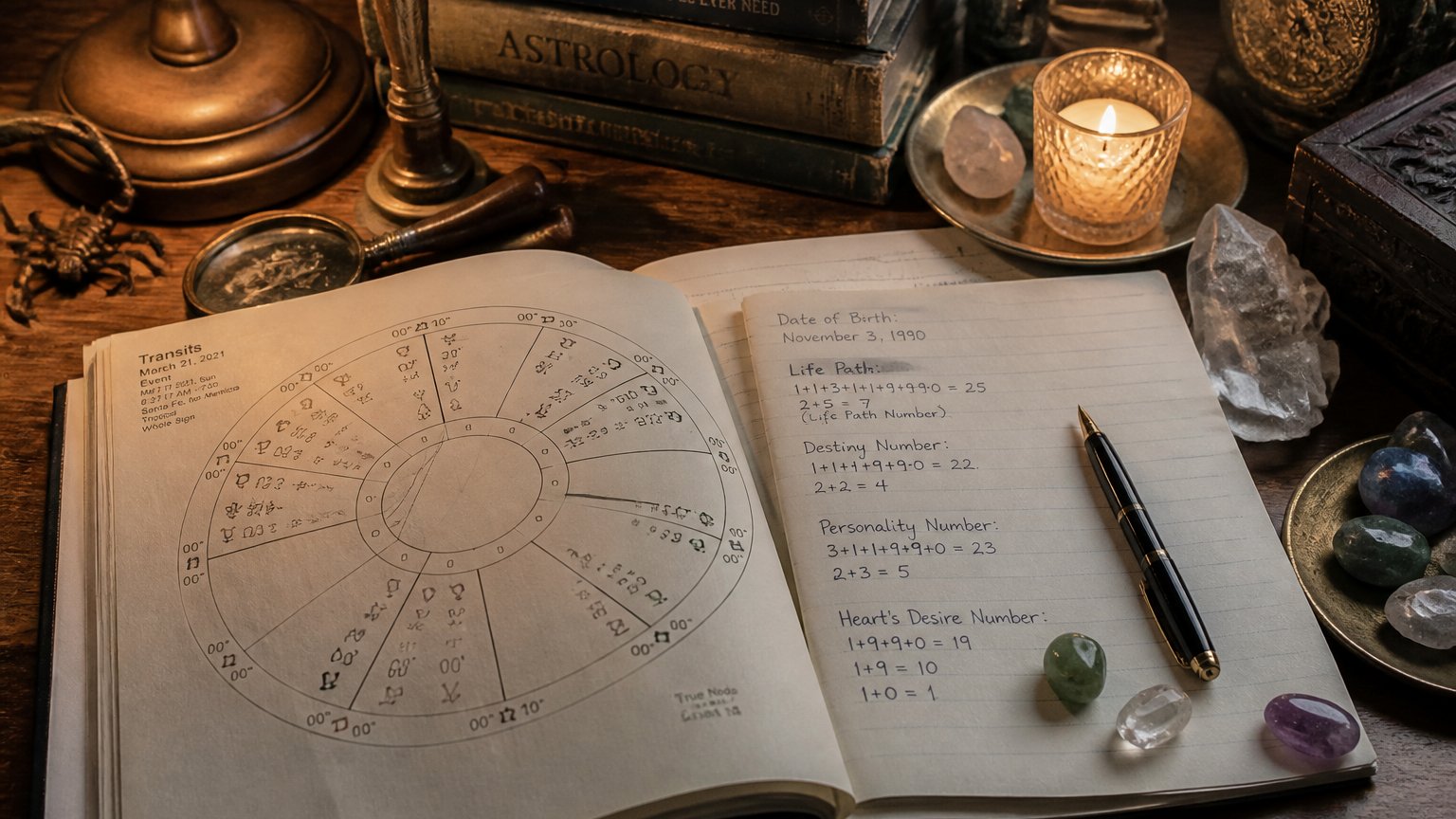 A vintage desk with an astrology chart, numerology notes, and a candle, evoking a past life calculation
