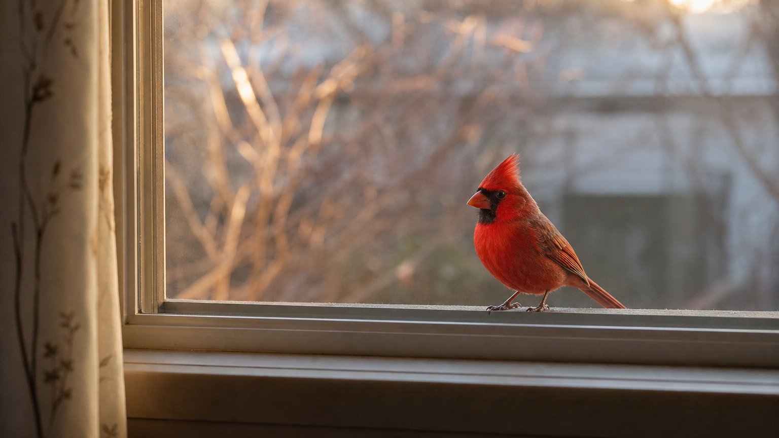 A red cardinal at a window, often read as a comforting spiritual sign from a loved one
