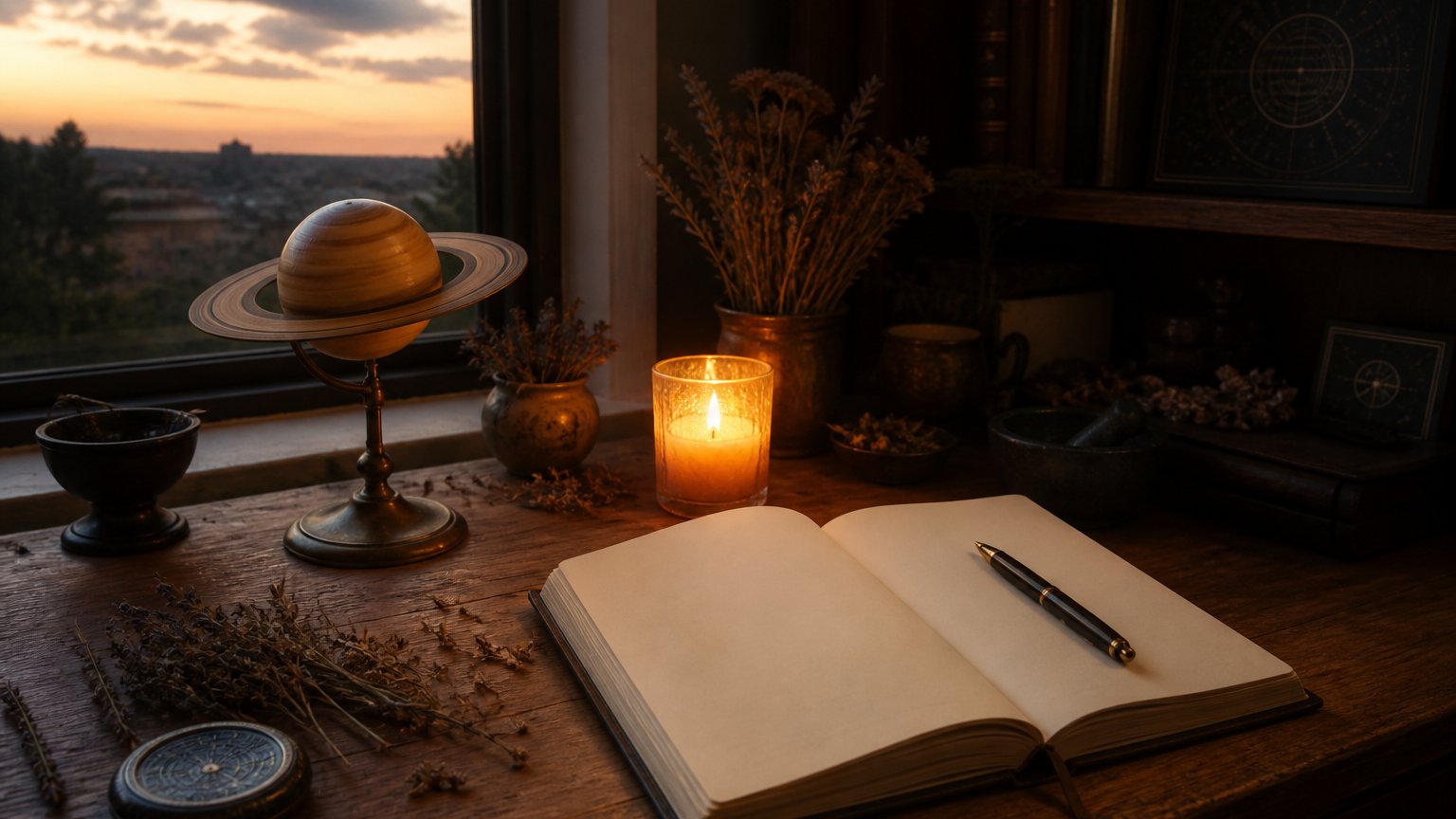 A reflective astrology desk with a Saturn model, an open journal, and a lit candle