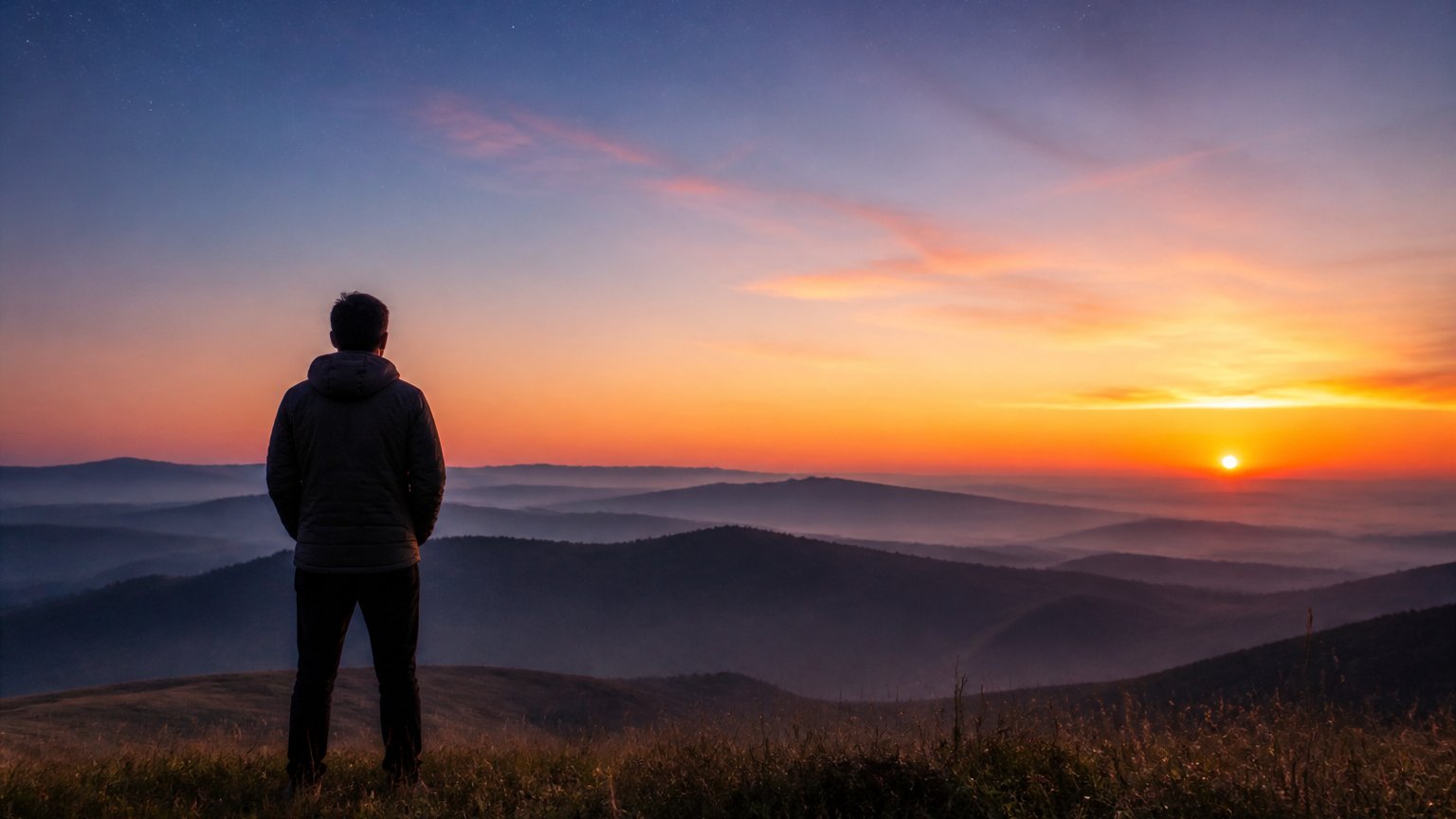 A person's silhouette looking out at a hopeful dawn sky over open hills