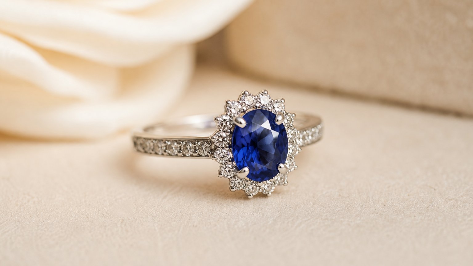 A blue sapphire set in a ring, the September birthstone worn as jewelry