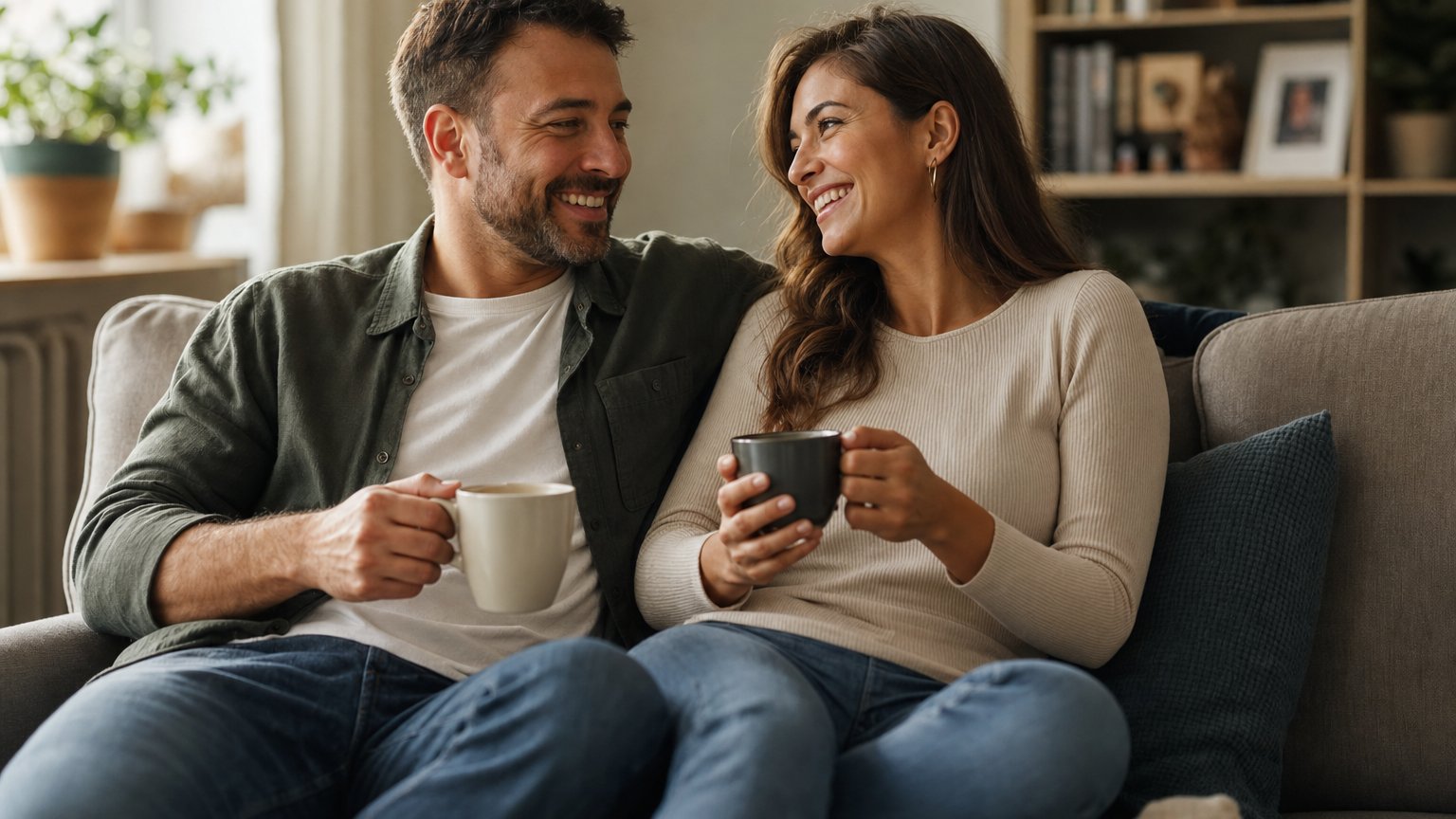 A calm, comfortable couple showing what a soulmate connection feels like versus a twin flame
