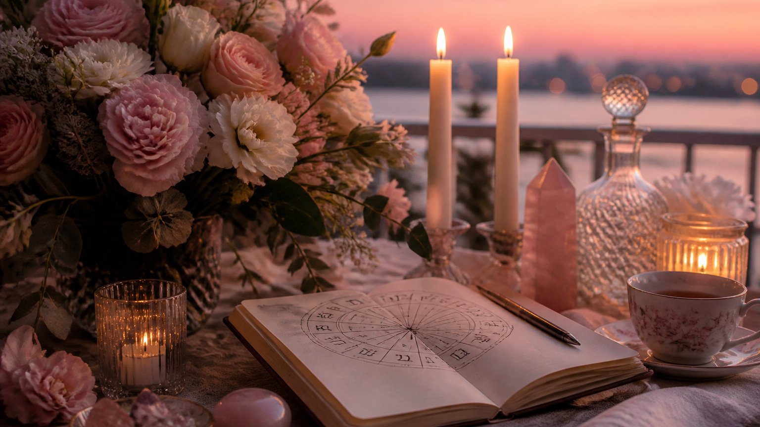 A dreamy Venus-themed still life with flowers and lit candles beside an open astrology notebook
