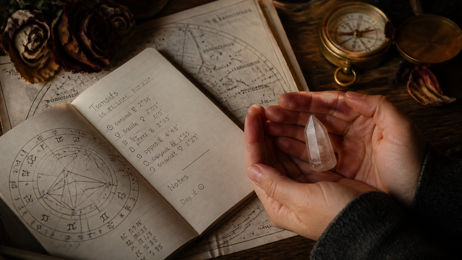 Hands cradling a small crystal above an open astrology notebook and star chart