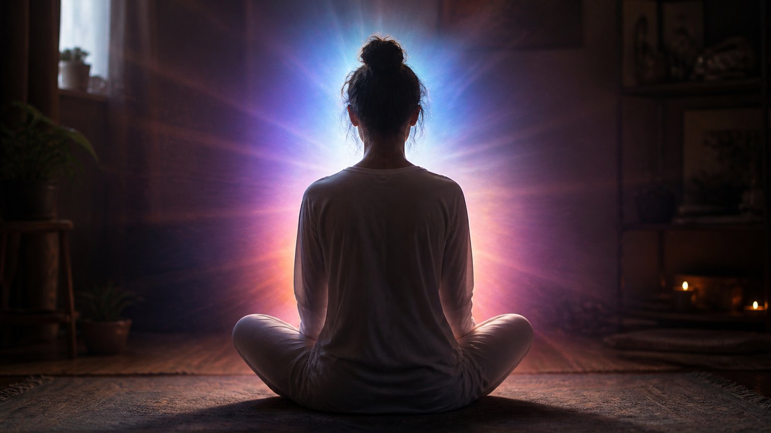 Meditative figure seen from behind haloed in gentle multicolored light