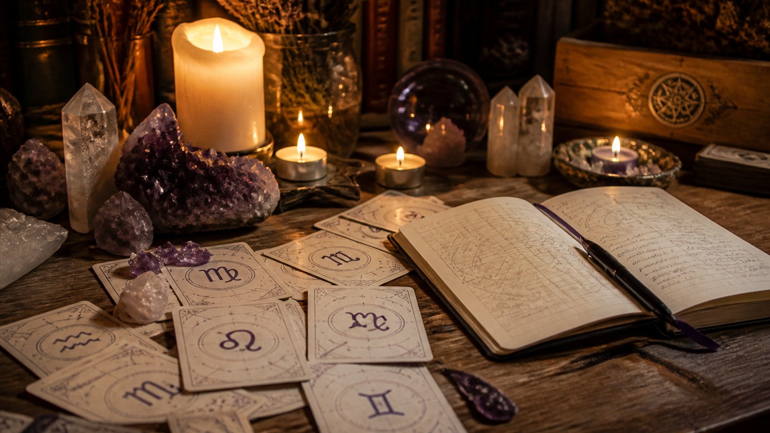 An astrology desk with zodiac symbol cards, crystals, and lit candles in warm candlelight