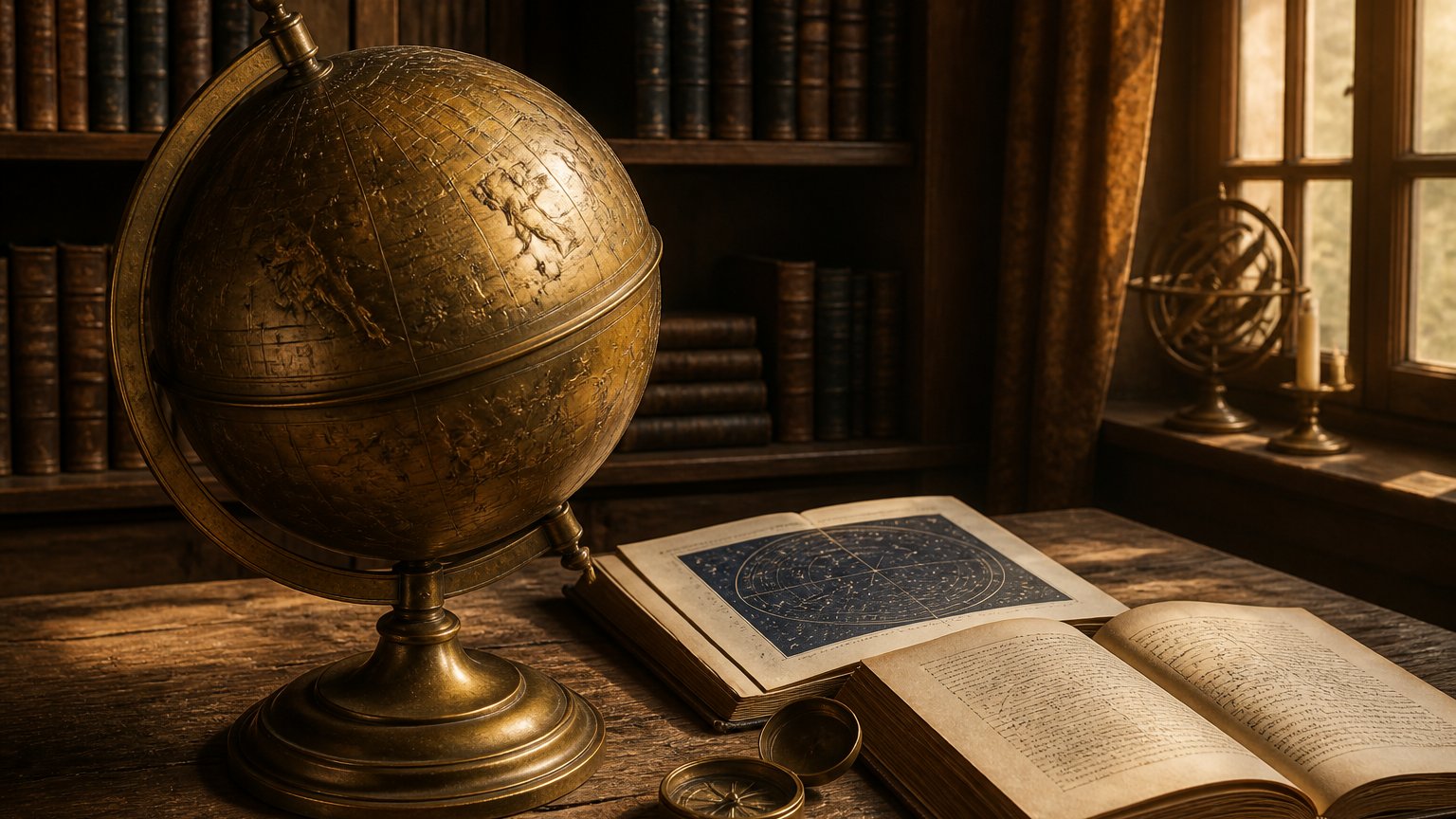 A brass celestial globe on a wooden table lit by warm evening light near a window