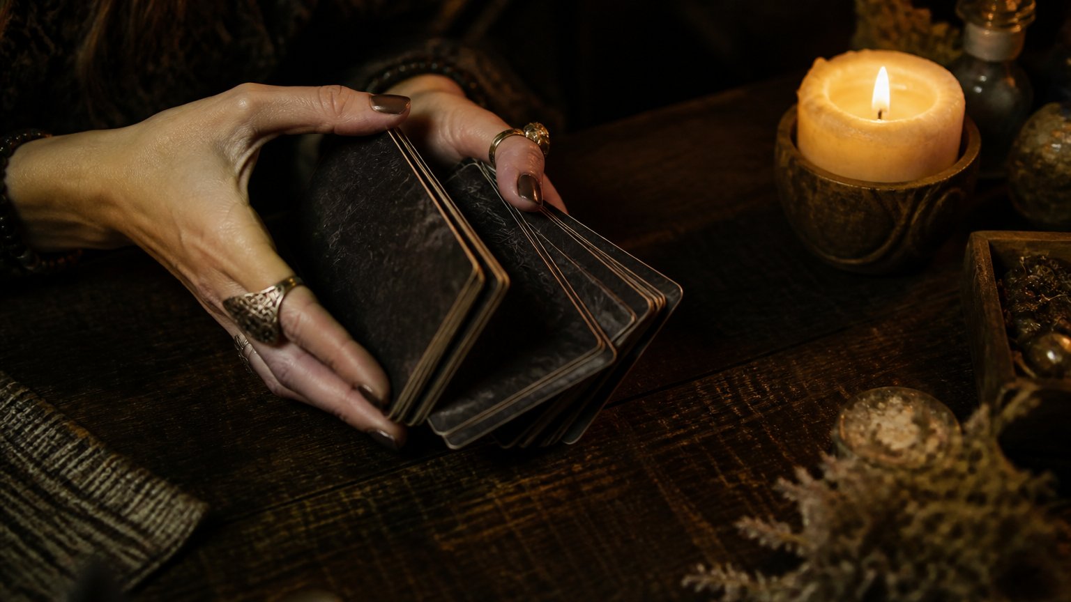 Hands shuffling a tarot deck by candlelight before a yes or no reading