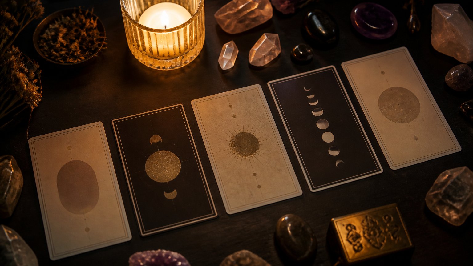 A tarot spread laid out on a dark table in warm moody lighting
